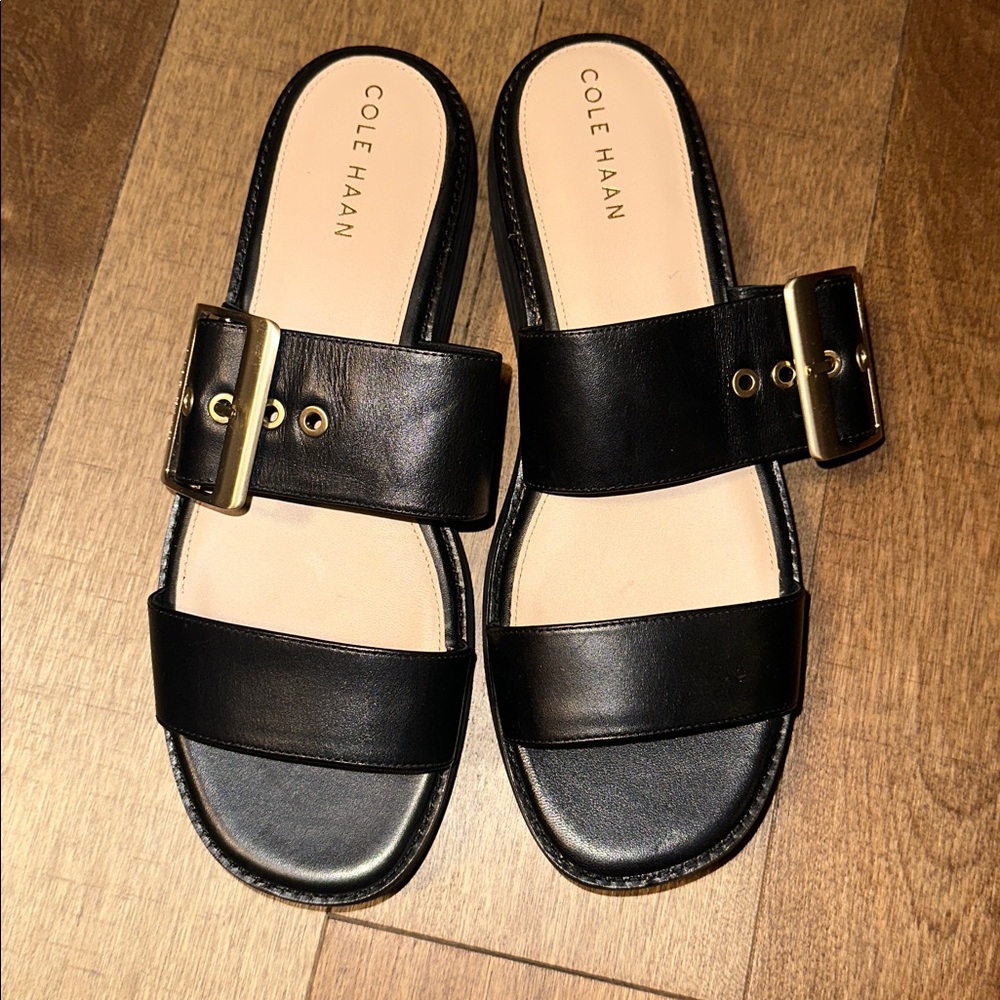 Cole Haan Black Slides with Gold Accents